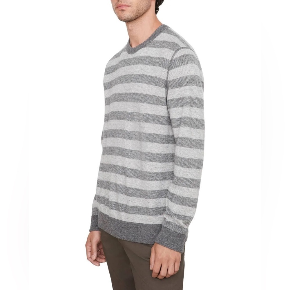 Vince Birdseye Cashmere Wool Blend Striped Grey Crewneck Sweater